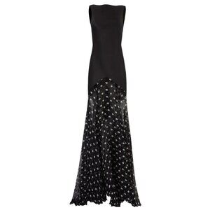 Nina Ricci Long Dress Maxi Black Formal Wedding Low Back Sheer Polka Dot 44 10